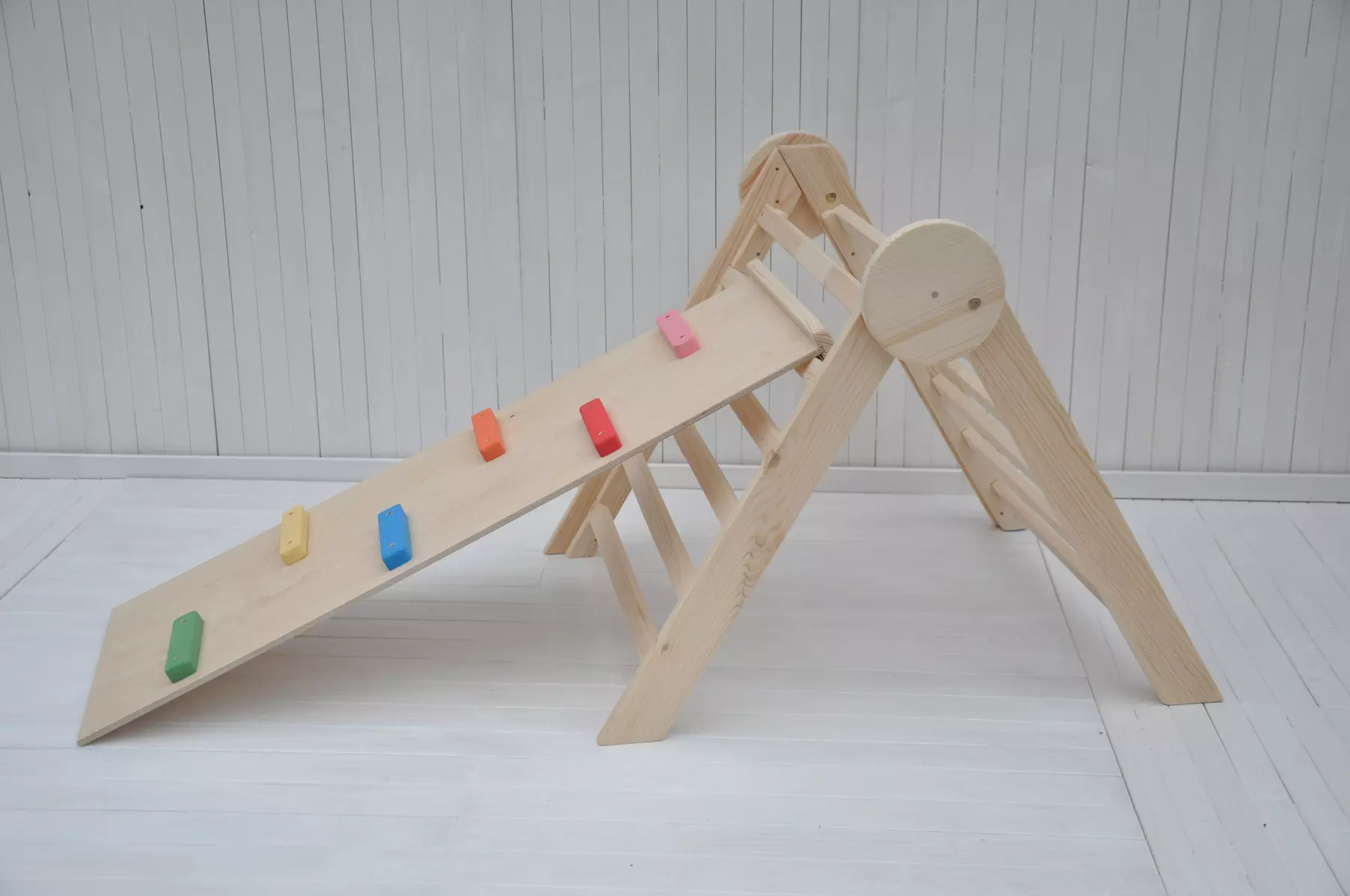 Pikler triangle set with slide Circle Natural Baby physical early developmental wooden toy available at low sale price at BarinToys.co.uk direct manufaturer store with free delivery to your home - the best gift for You from our Company to Christmas and Yo