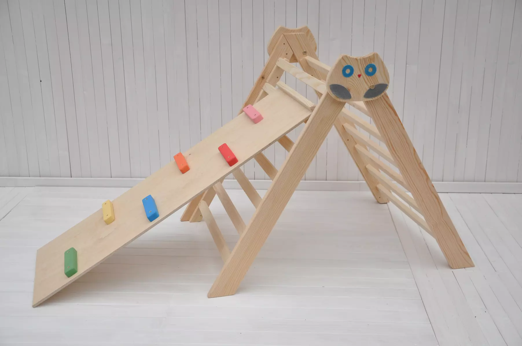 Wooden climbing triangle indoor Owl in the Forest folding pikler triangle and 2-in-1 slide set