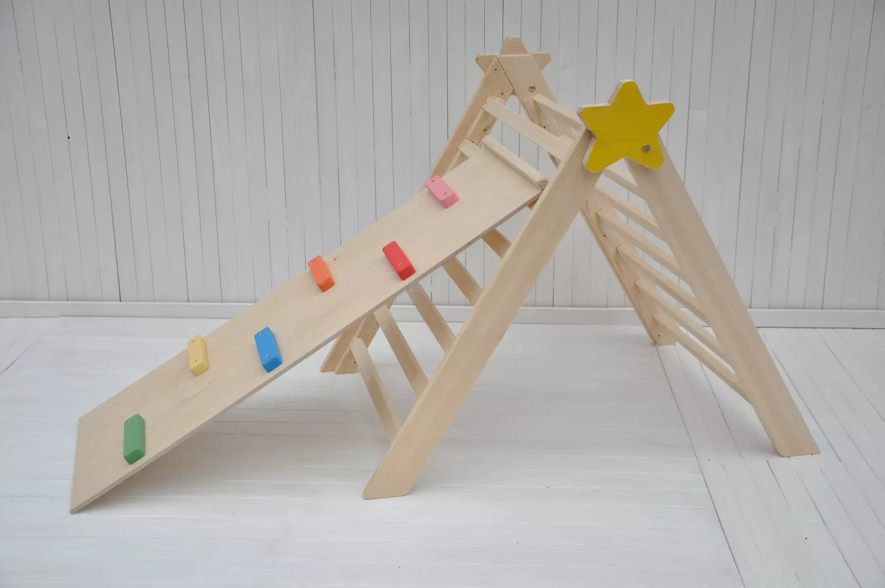 Active kids indoor playground Barin Toys Baby Star wooden climber and 2in1 slide available for sale price at BarinToys.co.uk store - the best birthday gift for baby girl 1- 3 year old.