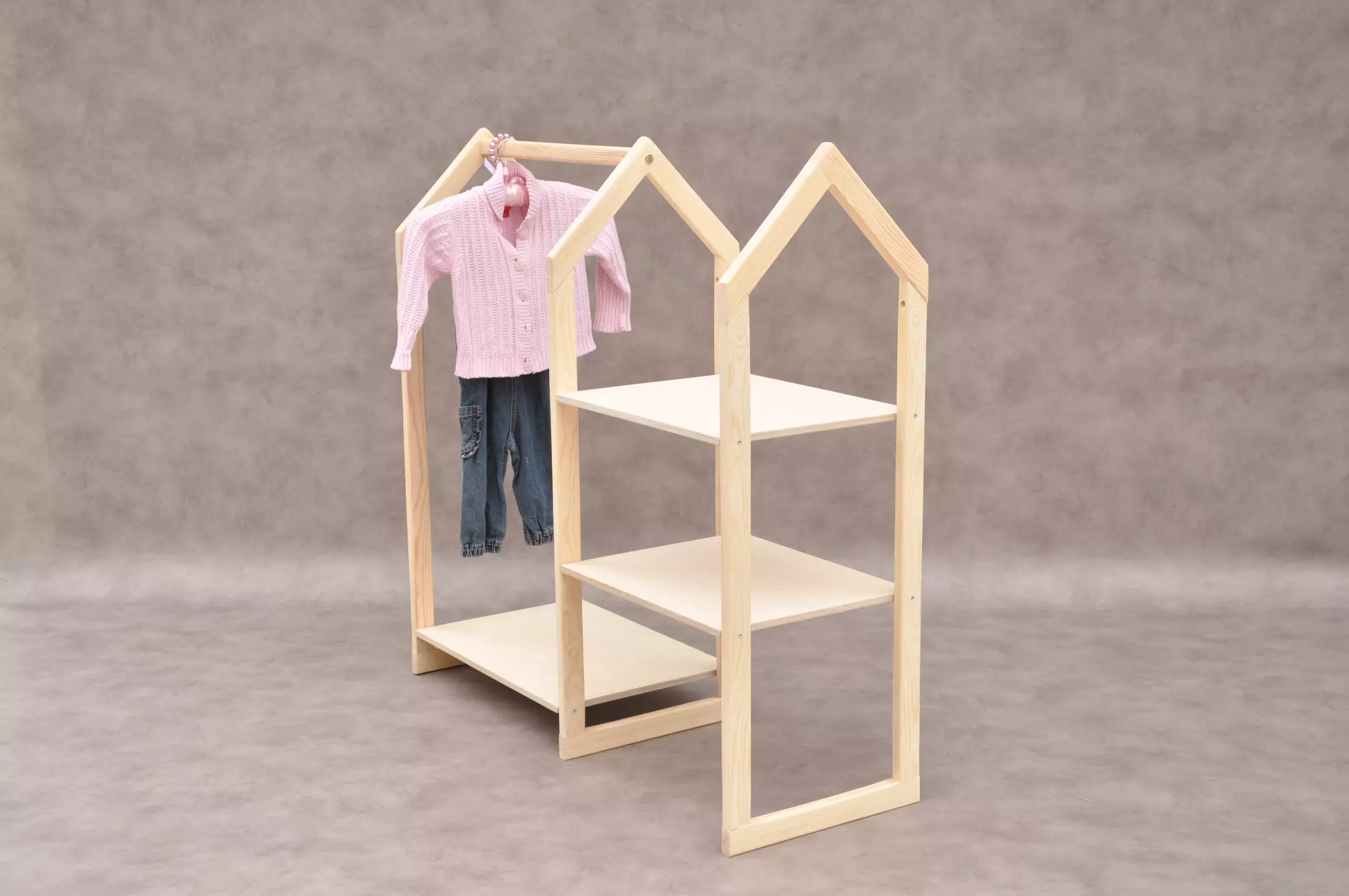 Small clothes rail House - children's dressing up rail, free standing clothes rack with shelves, natural solid wood nursery wardrobe by Barin Toys.