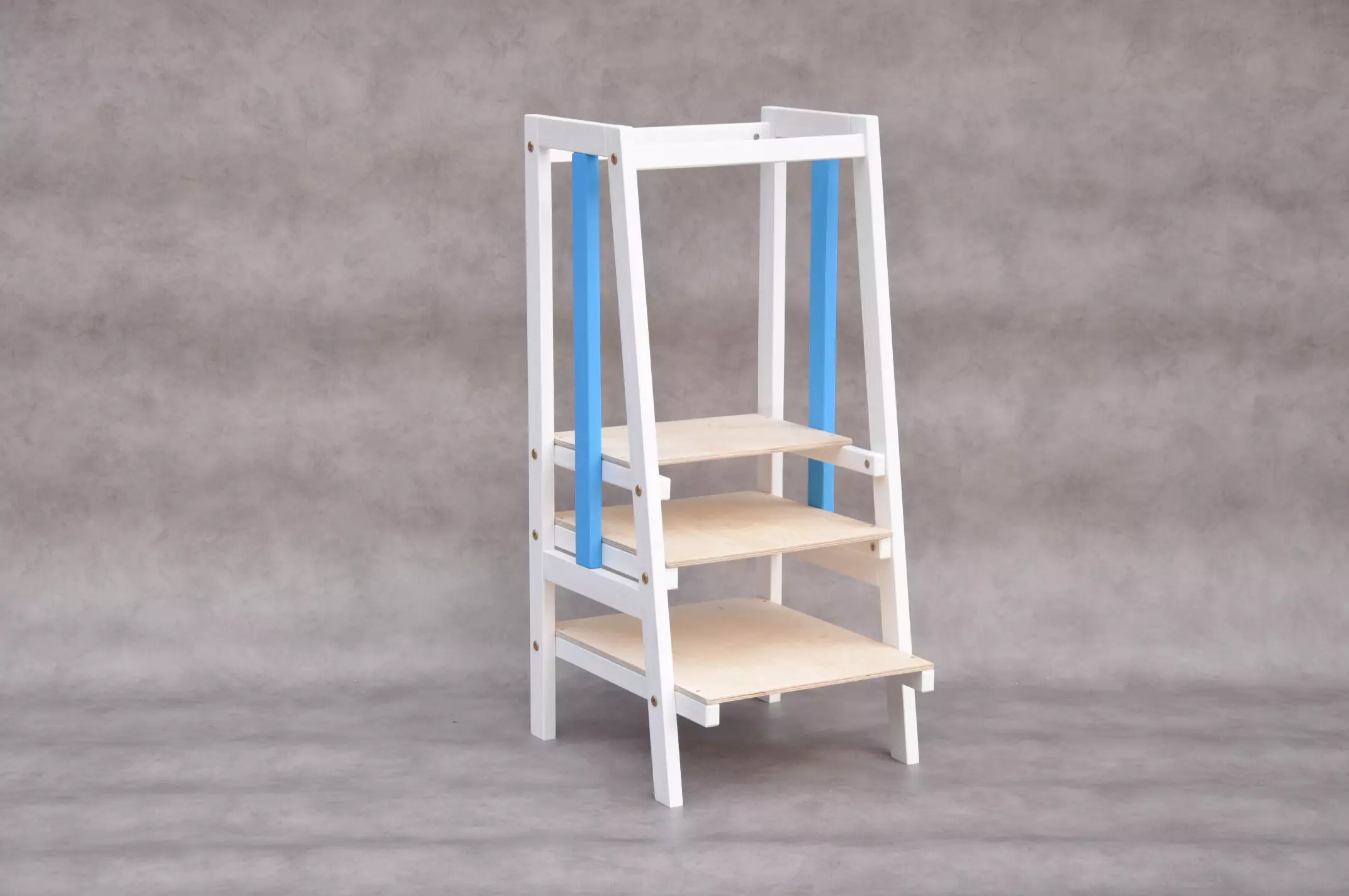 Step stool Stripe Mediterranean royal blue and white color, Montessori kids learning tower 3 levels step stool up to 220 lbs kitchen helper tower for babies from 10 months till kids 10 years old available for free UK delivery at Barin Toys shop online.