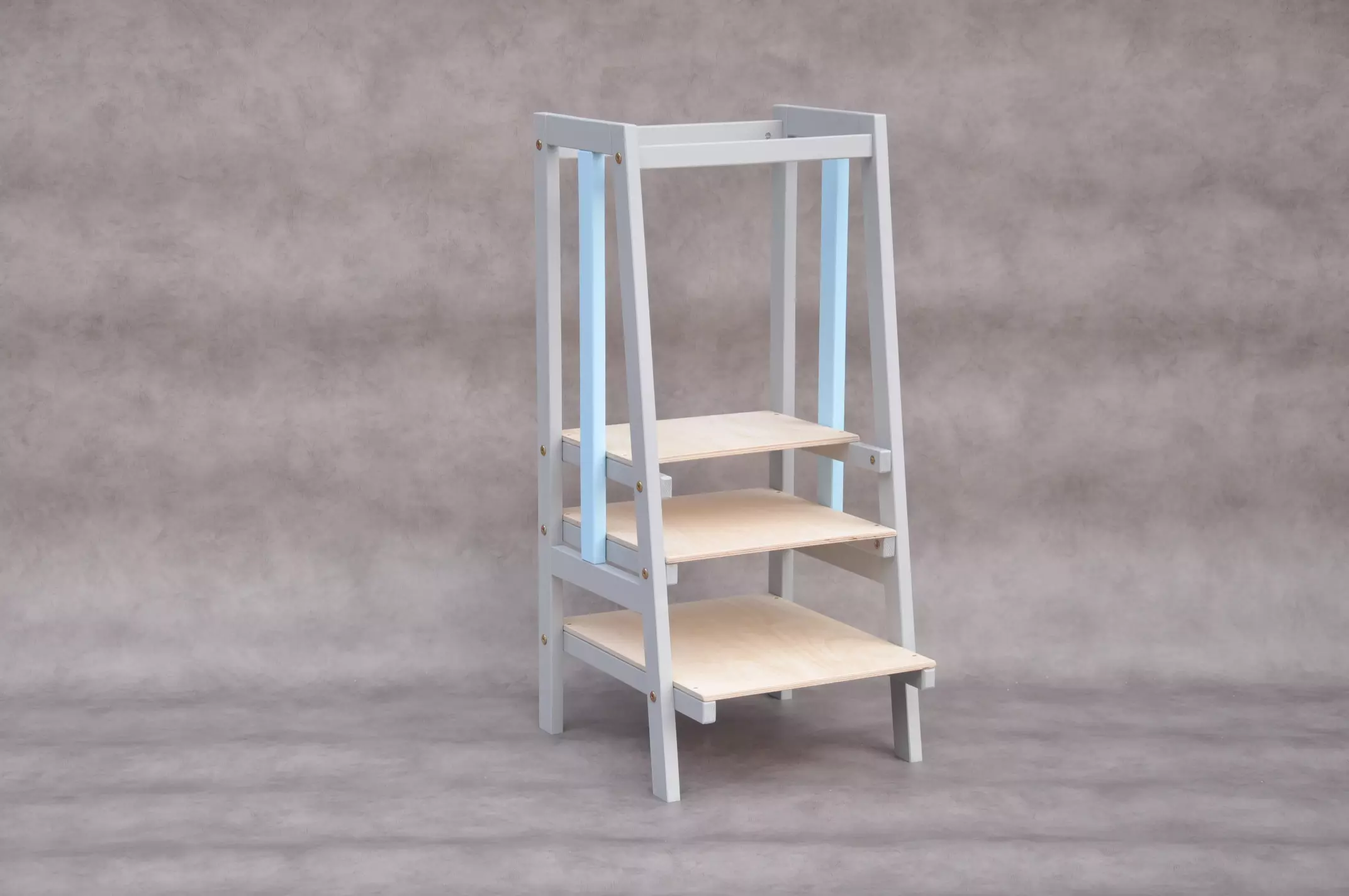 Kitchen helper tower toddler learning & mothers helper stool Barin Toys Stripe Grey & Baby Blue child's kitchen step with 3 platform levels included available for sale at Barin Toys shop uk with free delivery uk deals.