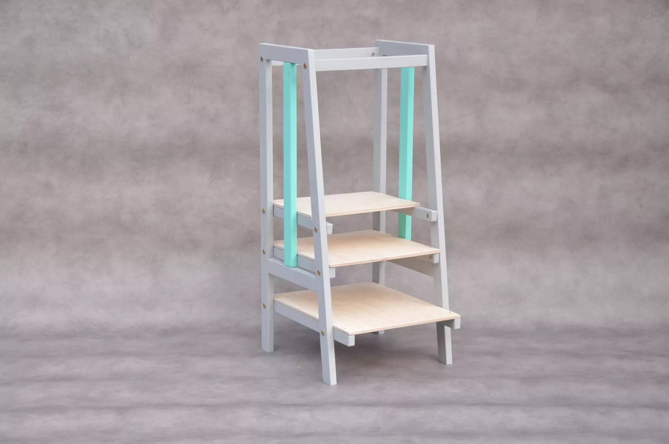 Children's step stool kitchen learning Montessori tower Stripe Grey & Turquoise by Barin Toys, new designer collection arrival in 2024.
