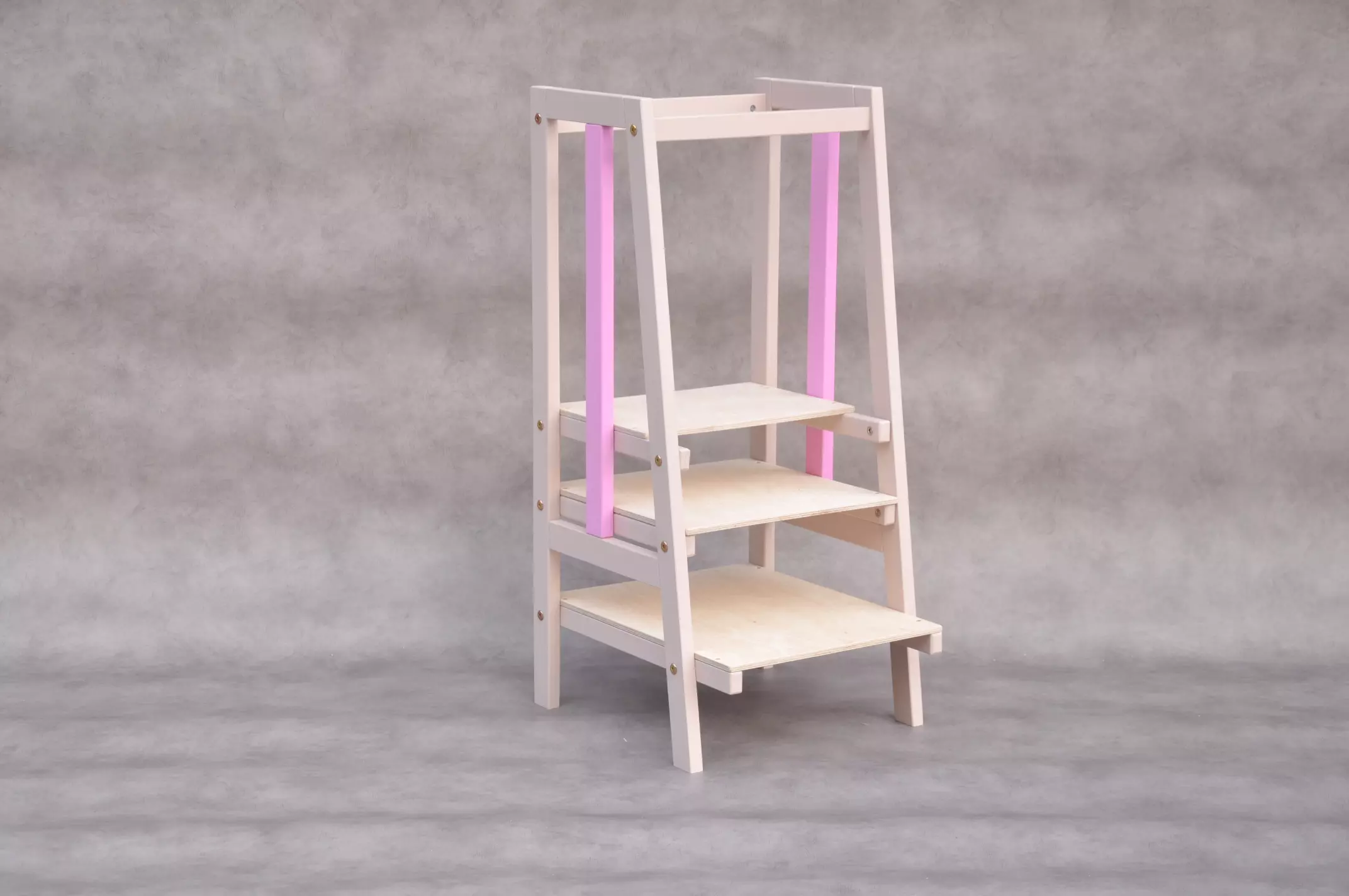 Toddler tower step stool - Stripe Bisque & Orchid kitchen step stool for Montessori approach parents and children at girl color scheme in pink and nude beige.