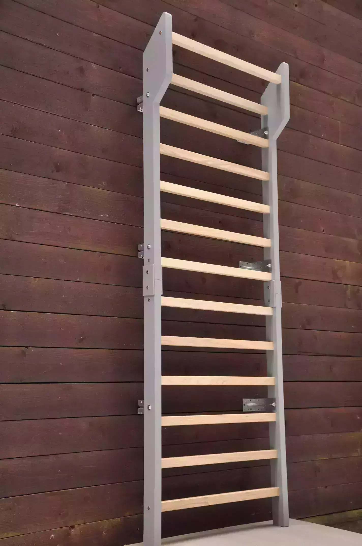 Swedish ladder solid wood stall bars by Barin Toys UK online store - the offer for Barin Toys Ash Grey Classic curved silhouette design wall bars for sale with free delivery in UK.