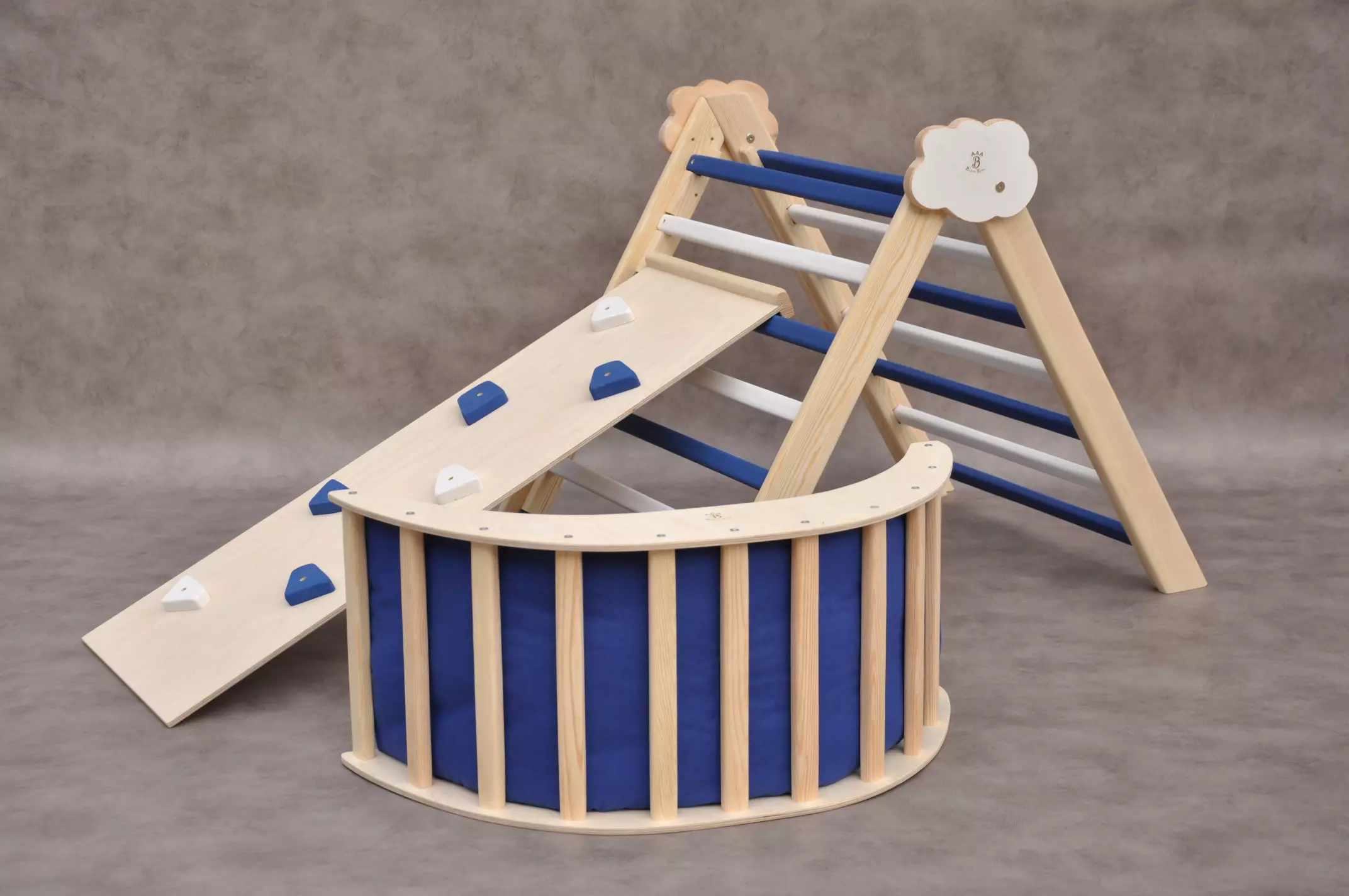 Barin Toys Pikler triangle Nautical Cloud Montessori climbing arch in navy blue and white baby room design available to order online with UK free delivery.