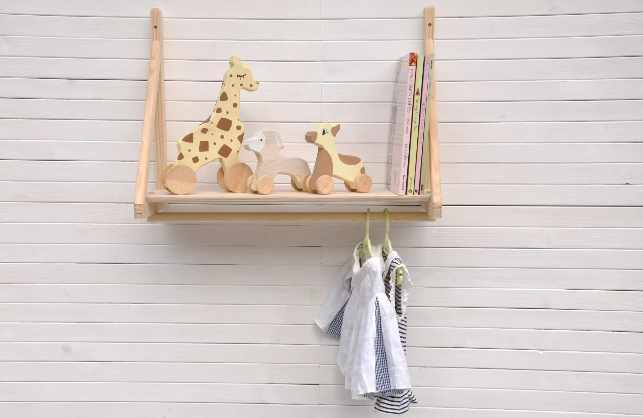 Nursery shelf with rail, Barin Toys Set Sail floating wooden nursery shelf and wall children's hanging rail for fancy dress, costume, baby and toddler mini clothes small shelving unit available to order online with UK free shipping at BarinToys.co.uk stor