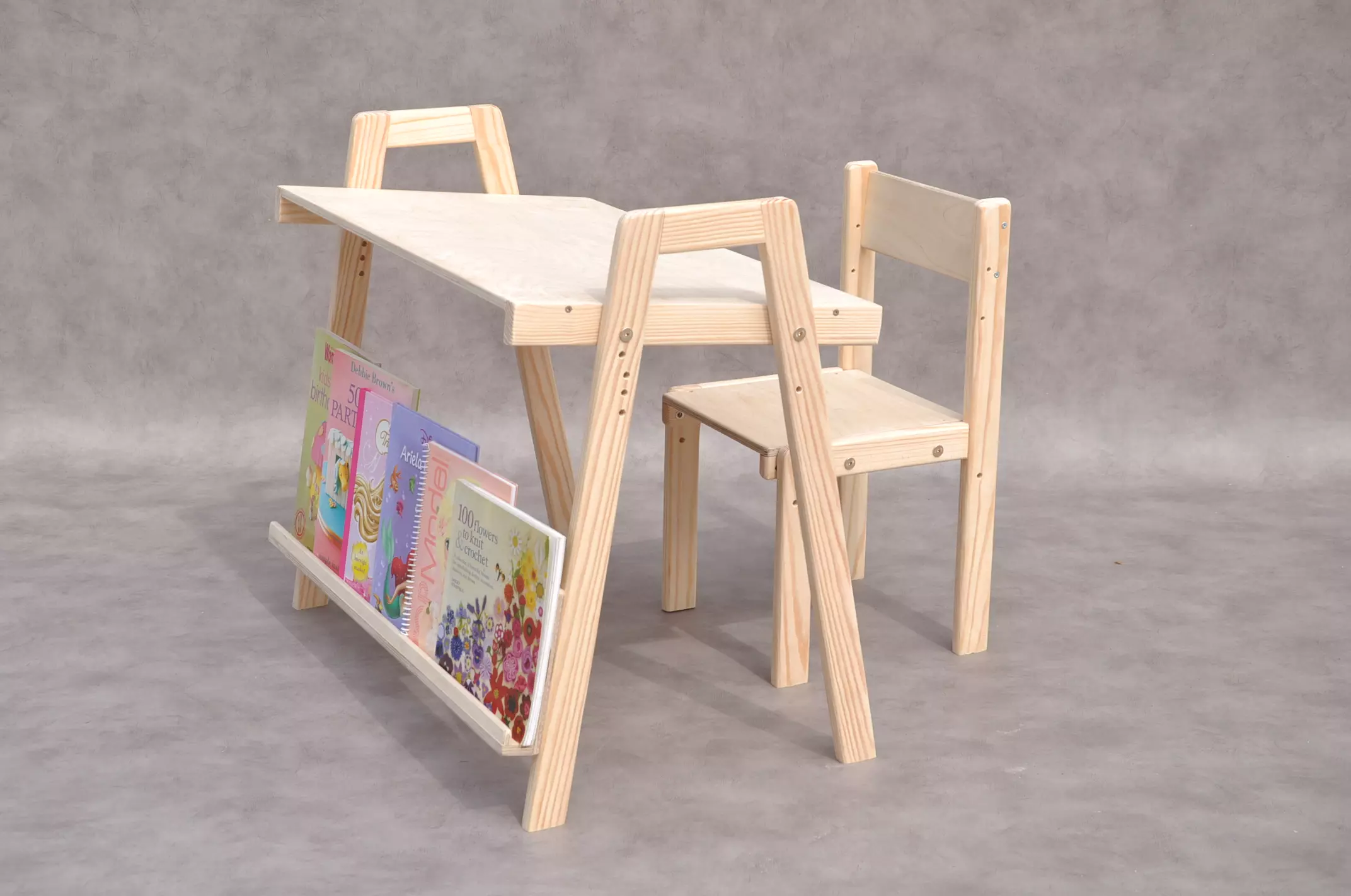 Barin Toys Study Studio: Handcrafted ergonomic toddler desk and chair set with hidden bookshelf, designed for deep concentration and healthy posture