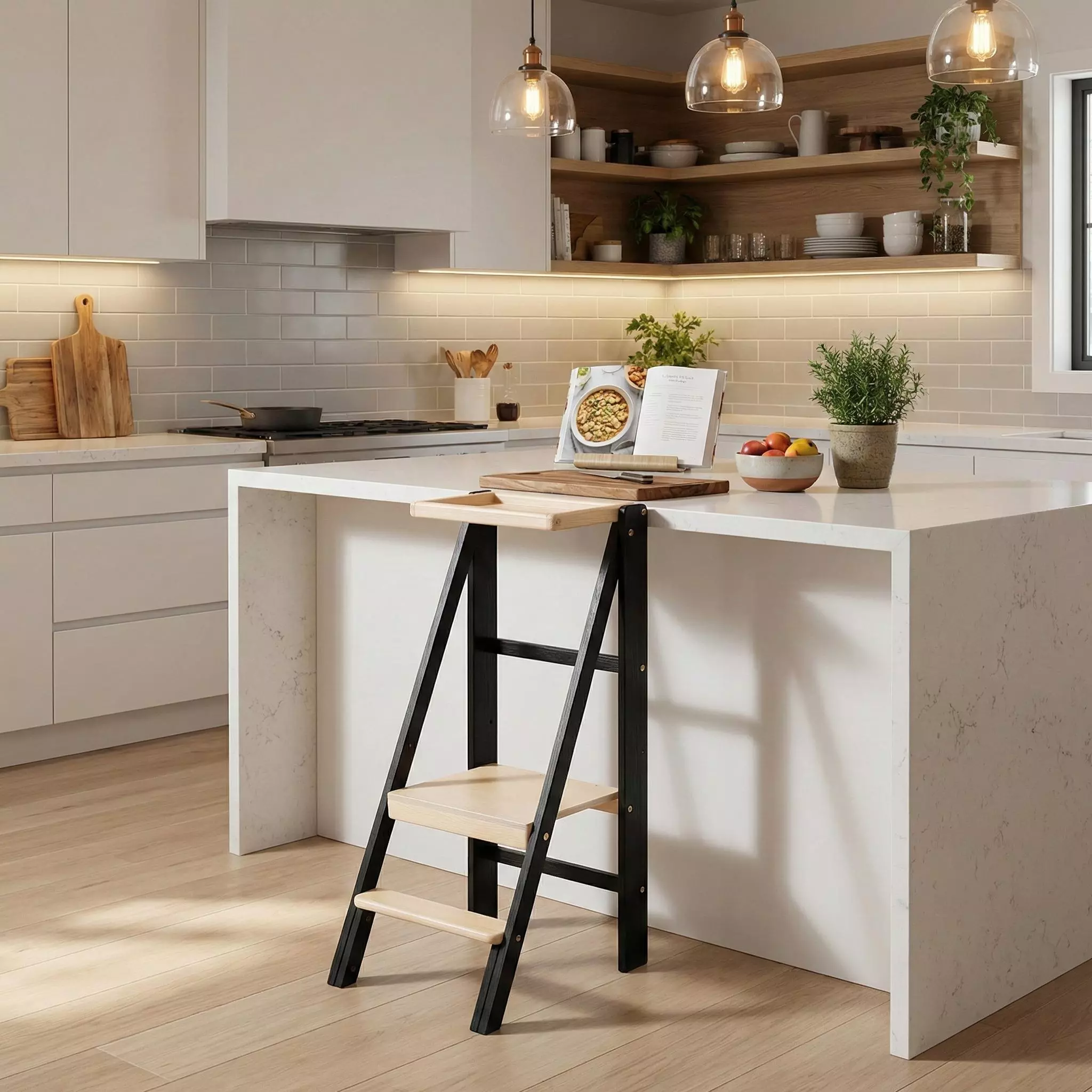 Barin Toys Slim™ Black Loft Edition: a bold <b>Industrial Statement</b> combining matte black frames with natural wood steps for <b>Modern Luxury kitchens</b> and a lifetime of family utility