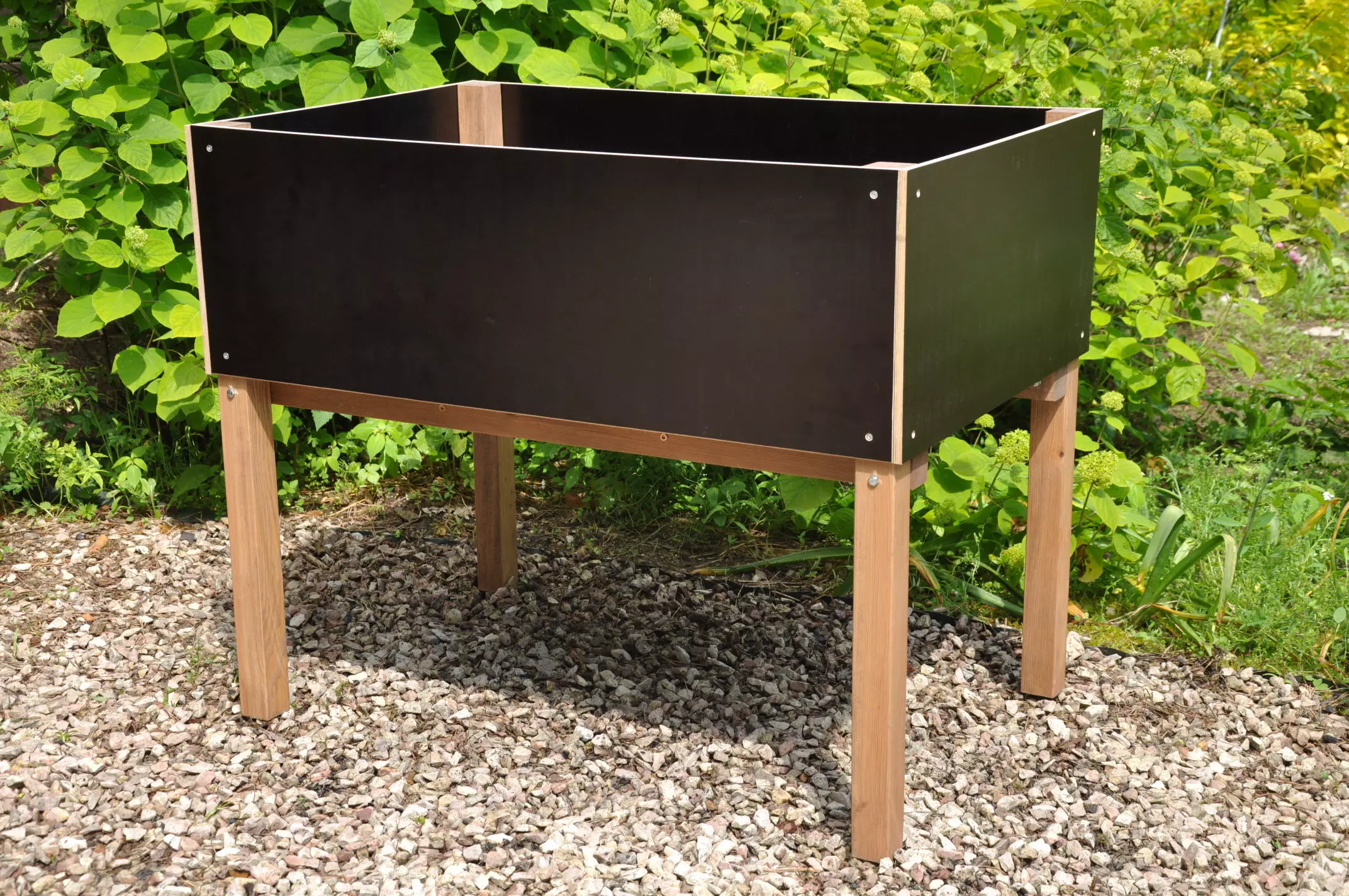 Deep Root Elevated Planter on legs, 90x60 cm black raised garden bed made from waterproof plywood outdoors