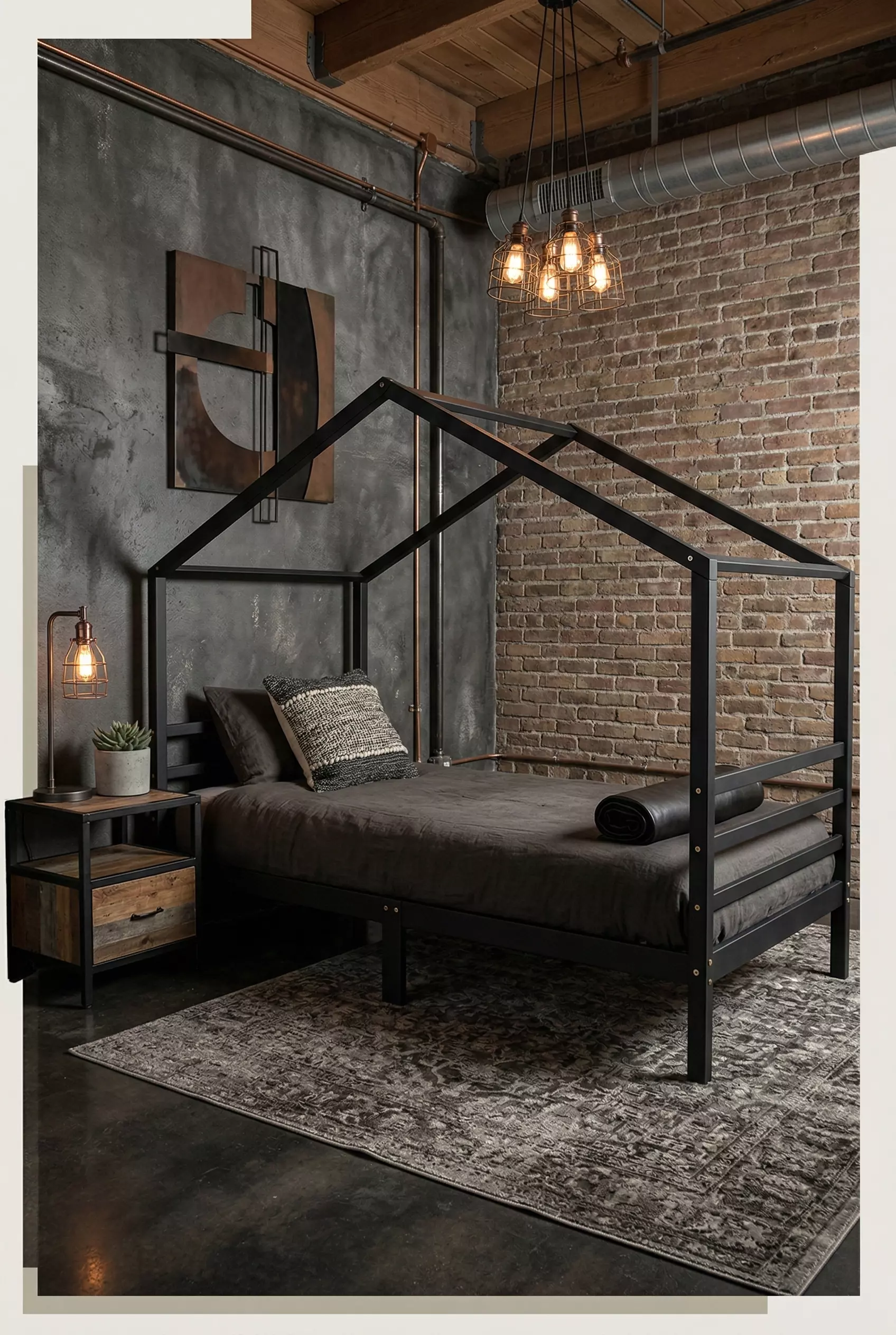 Black Loft solid wood house bed 90x200 in deep black finish, Barin Toys Teenage Hut Collection