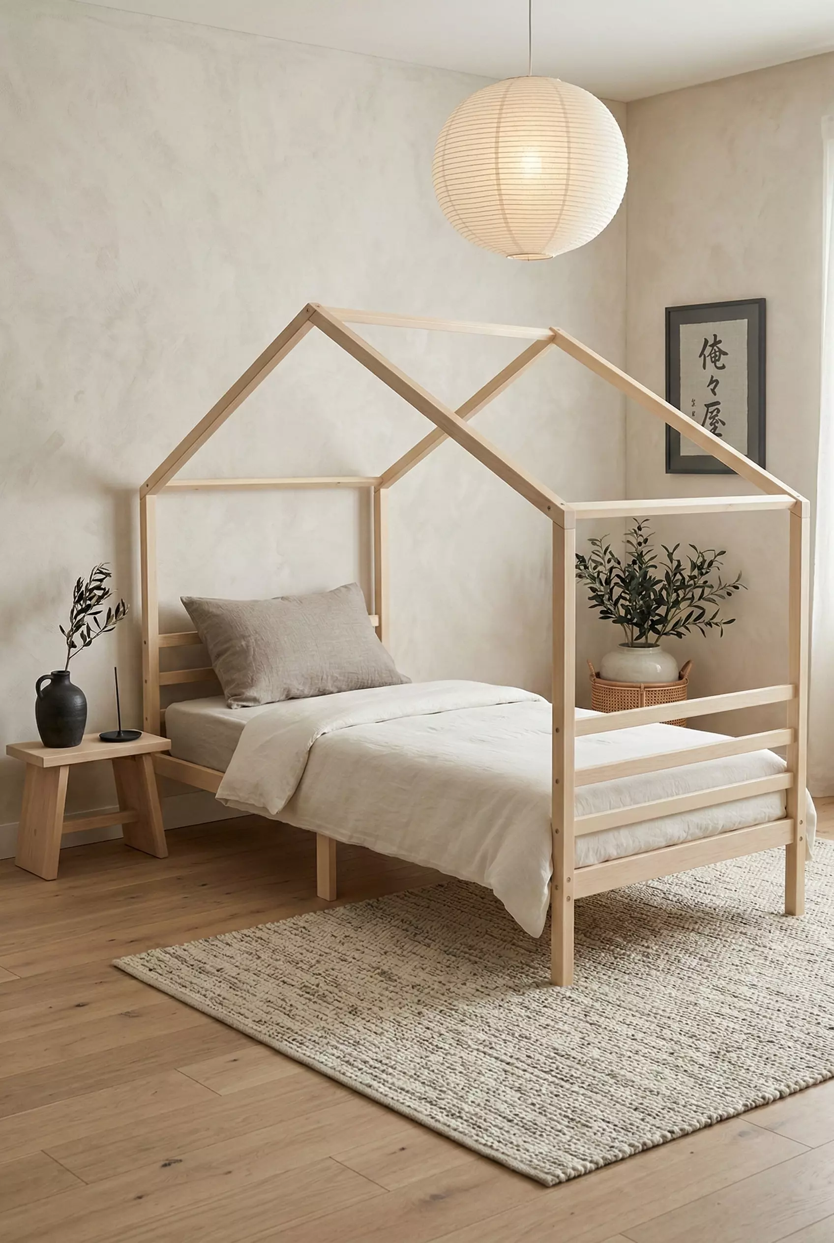 Teenage hut Barin Toys Collection Nordic Nature natural solid wood house bed in fawn beige timber finish 90x200