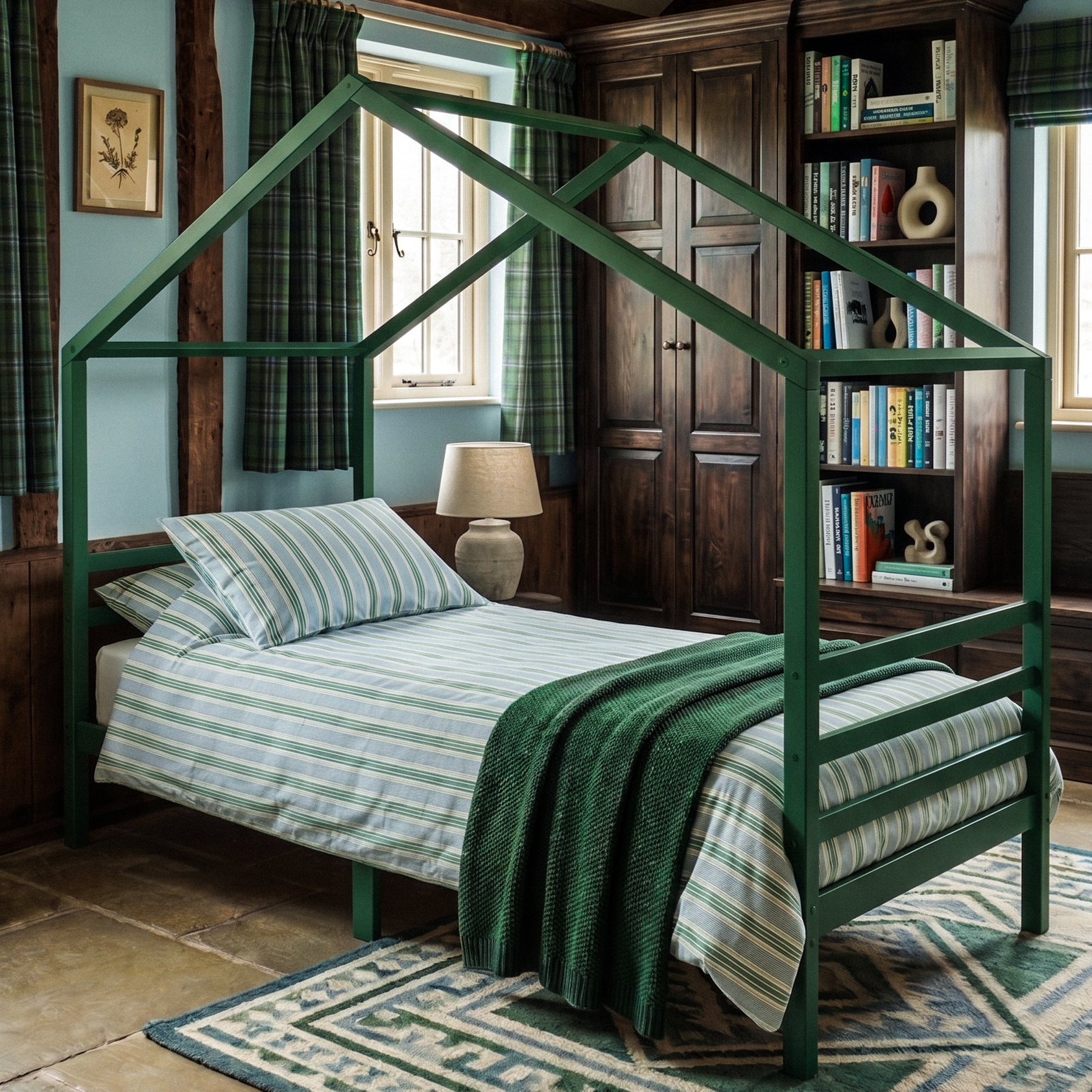 Dark green wooden bed frame single in solid Baltic pine — The Old Soul teenage house bed with 165 cm canopy