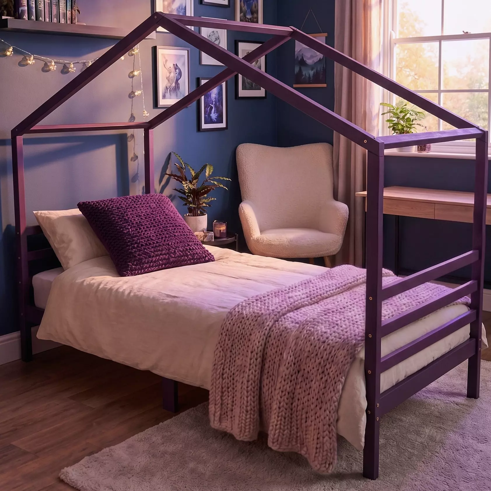 Purple house bed for teenage girl bedroom in solid Baltic pine — The Dreamer blackberry purple house bed with 165 cm canopy