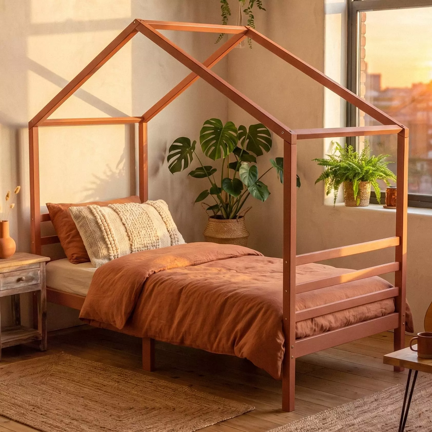 Terracotta house bed in solid Baltic pine — The Nomad boho teen bedroom wooden bed frame with 165 cm canopy