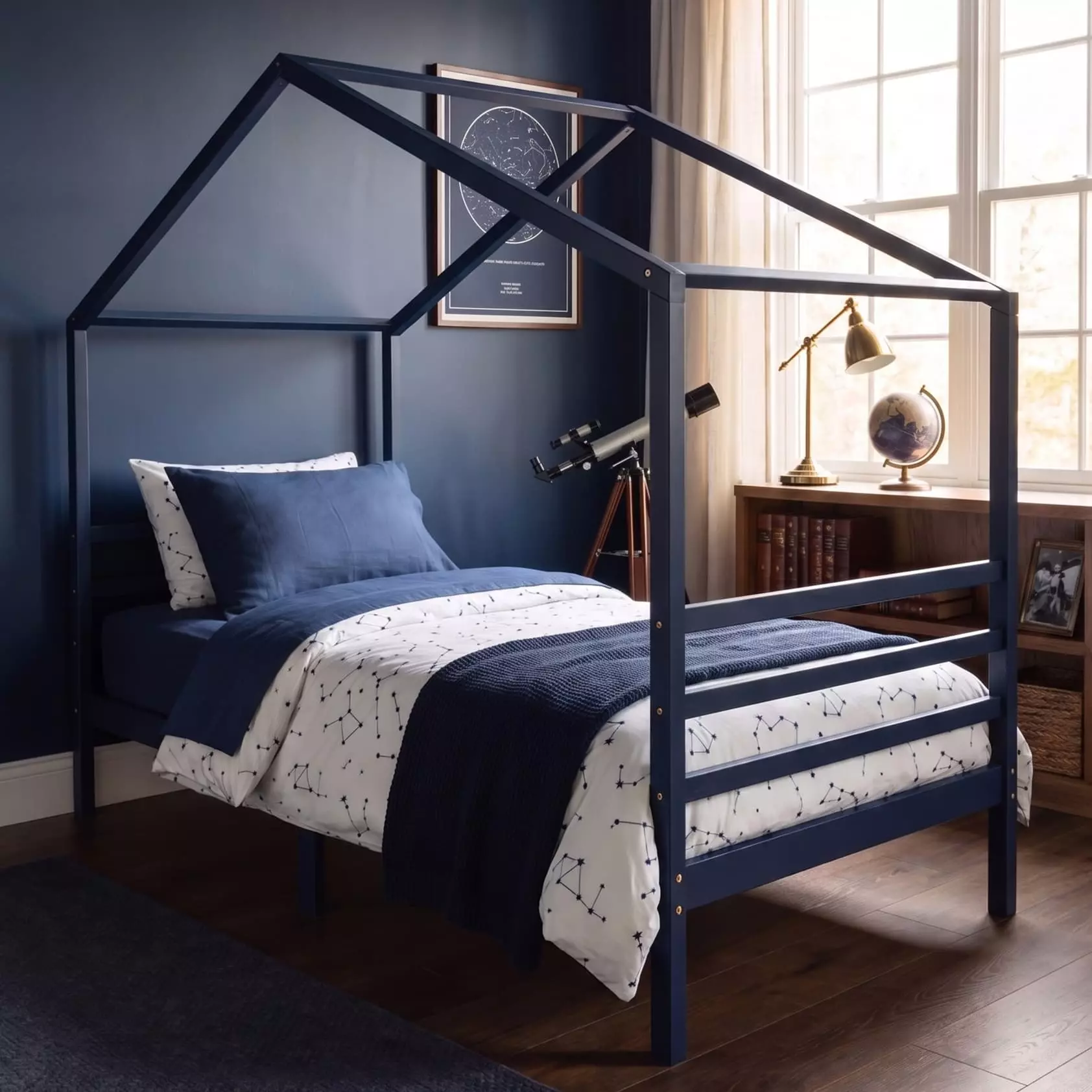 Navy blue wooden bed frame single in solid Baltic pine — The Intellectual dark academia teen bedroom house bed with 165 cm canopy