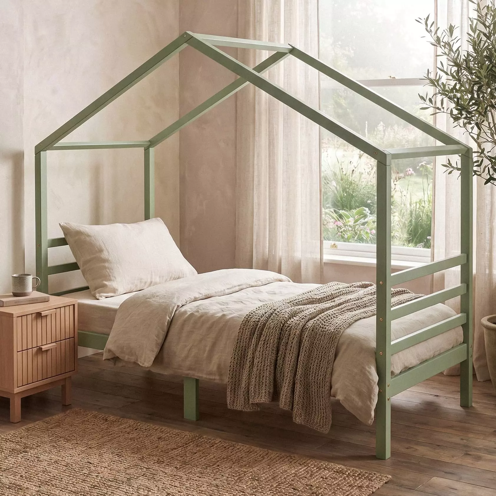 Sage green house bed for teen bedroom in solid Baltic pine — The Zen Enthusiast Japandi teen bedroom house bed with 165 cm canopy