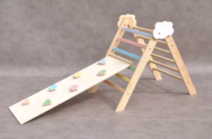 Pikler triangle Barin Toys Cloud - best Montessori kids climbing toys for 1 year olds to naturally develop child's physical abilities and imagination at early baby age.